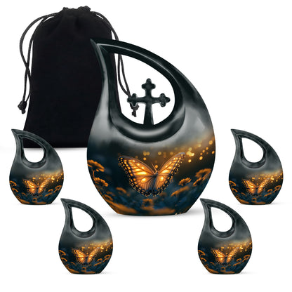 Rich Black Butterfly Cremation Urn urn with complimentary velvet bag - sacred cross merged with butterfly motif on metal - memorial set with one large and four small urns