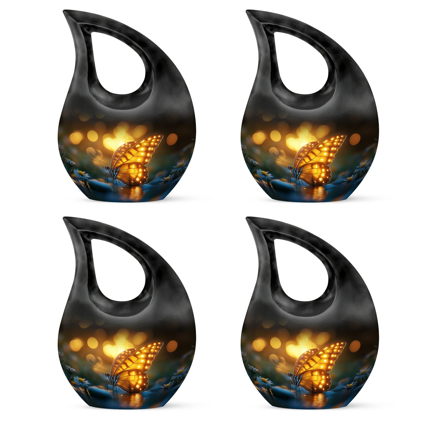Obsidian Black Butterfly Cremation Urn lifestyle display on memorial shelf - devotional cross-drop butterfly engraving - 10 inch aluminum urn for cremated remains