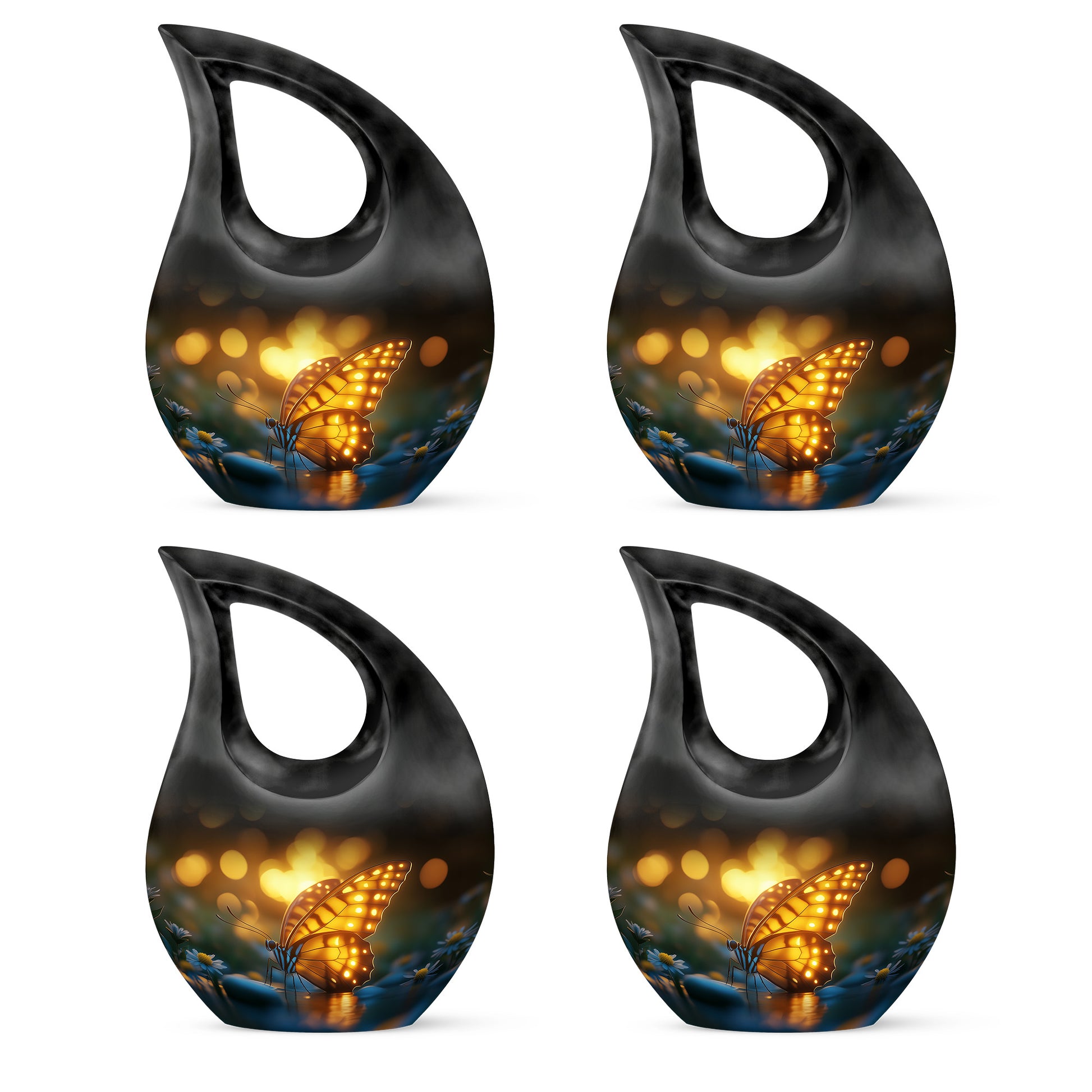 Obsidian Black Butterfly Cremation Urn lifestyle display on memorial shelf - devotional cross-drop butterfly engraving - 10 inch aluminum urn for cremated remains