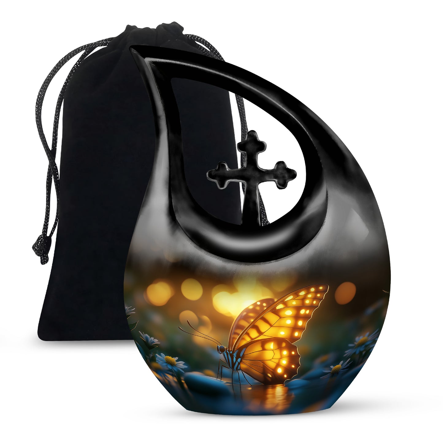 Charcoal Black Butterfly Cremation Urn top-down view of secure threaded lid - faith-inspired cross-drop urn with butterfly pattern - full-size 10 inch 200 cubic inch adult cremation urn