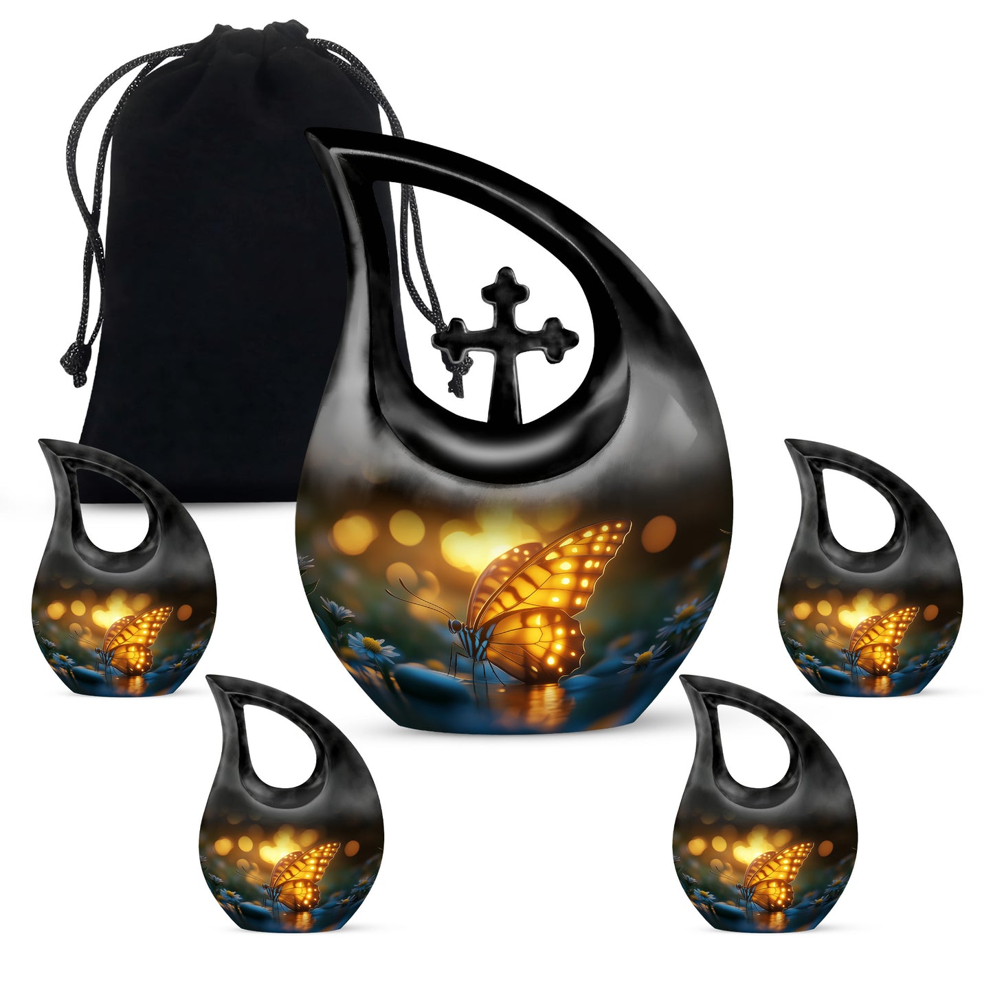 Deep Black Butterfly Cremation Urn urn with complimentary velvet bag - sacred cross merged with butterfly motif on metal - memorial set with one large and four small urns