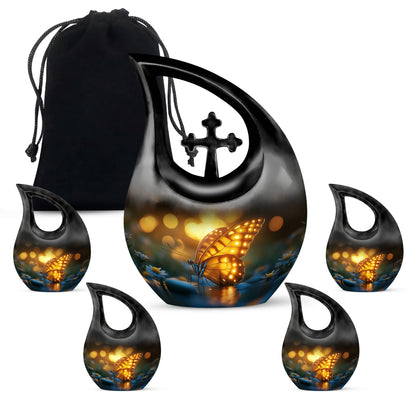 Deep Black Butterfly Cremation Urn urn with complimentary velvet bag - sacred cross merged with butterfly motif on metal - memorial set with one large and four small urns