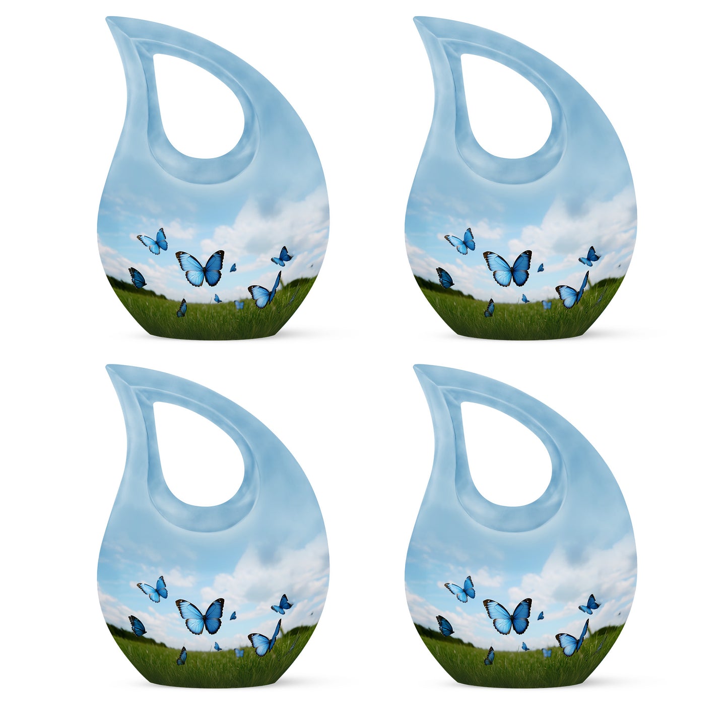 Azure Butterfly Cremation Urn lifestyle display on memorial shelf - cross and butterfly combined in spiritual memorial design - 10 inch aluminum urn for cremated remains