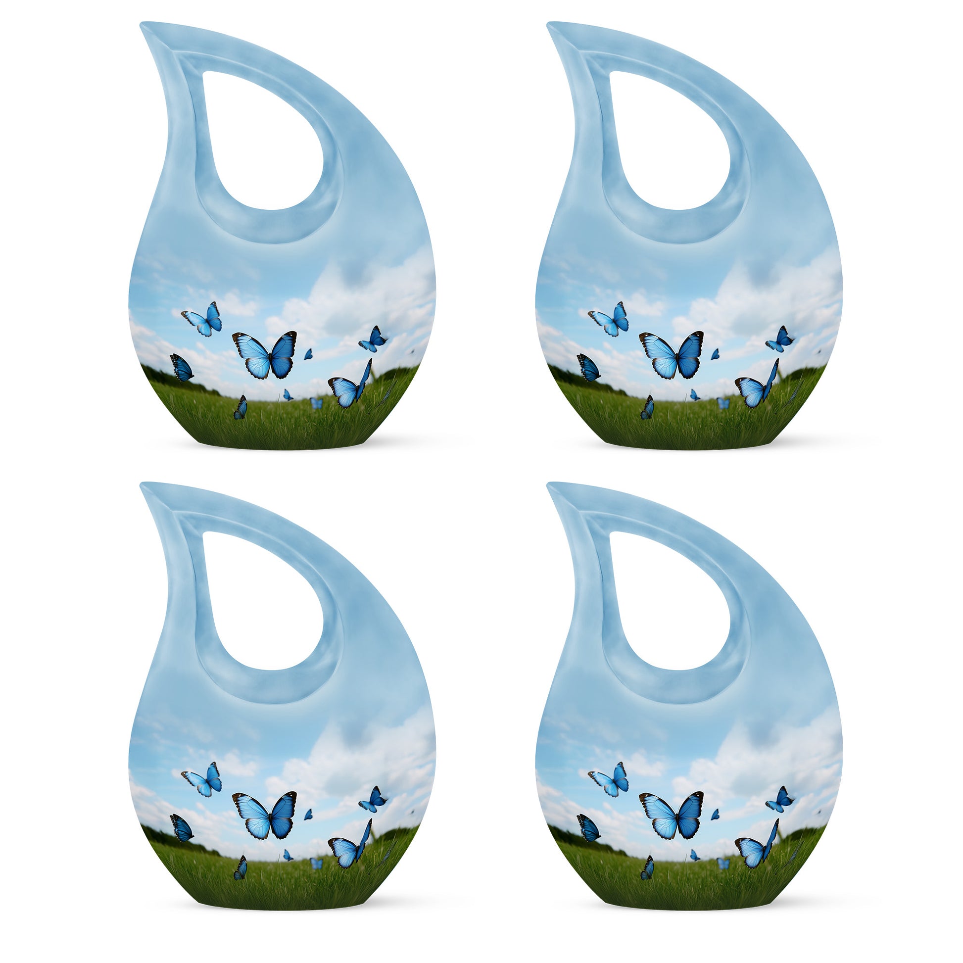 Azure Butterfly Cremation Urn lifestyle display on memorial shelf - cross and butterfly combined in spiritual memorial design - 10 inch aluminum urn for cremated remains