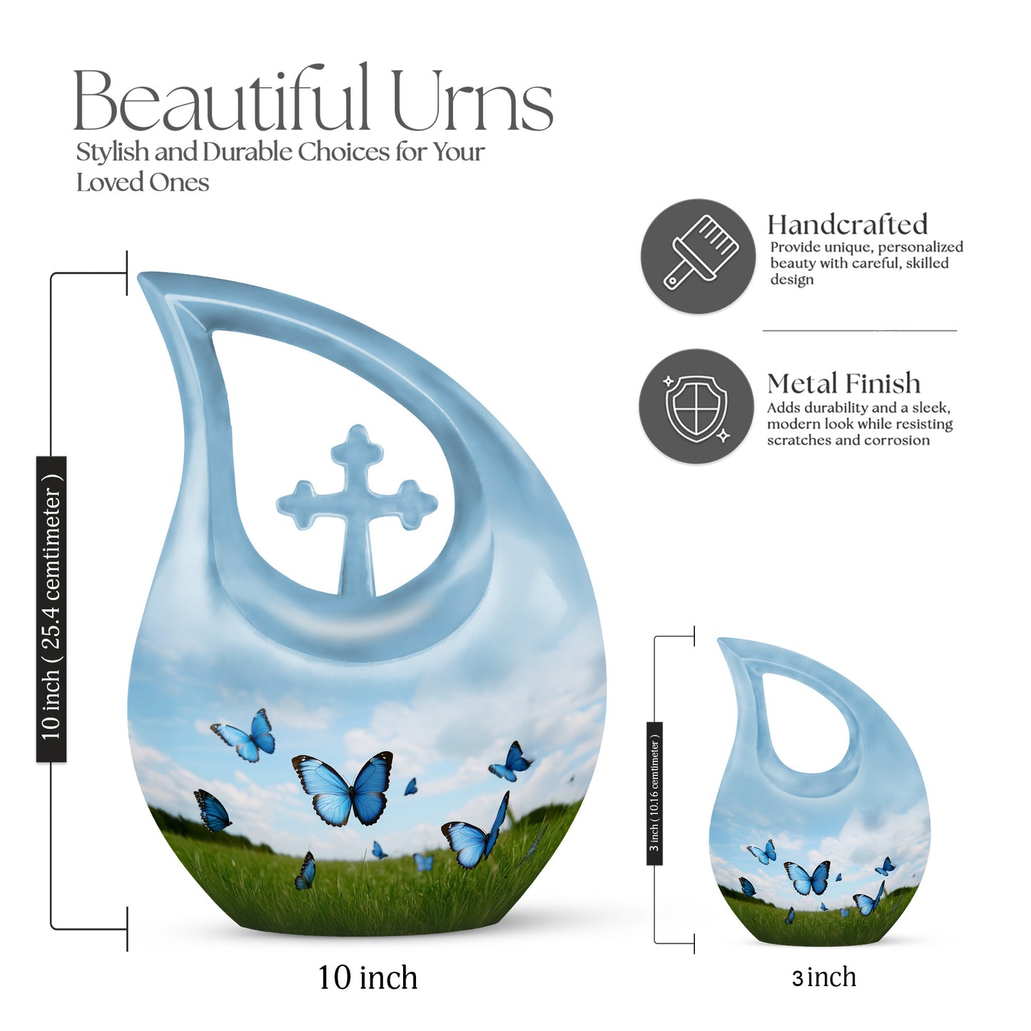 Sky Blue Butterfly Cremation Urn back view with polished surface - cross and butterfly combined in spiritual memorial design - mini keepsake memorial for portion of cremation ashes