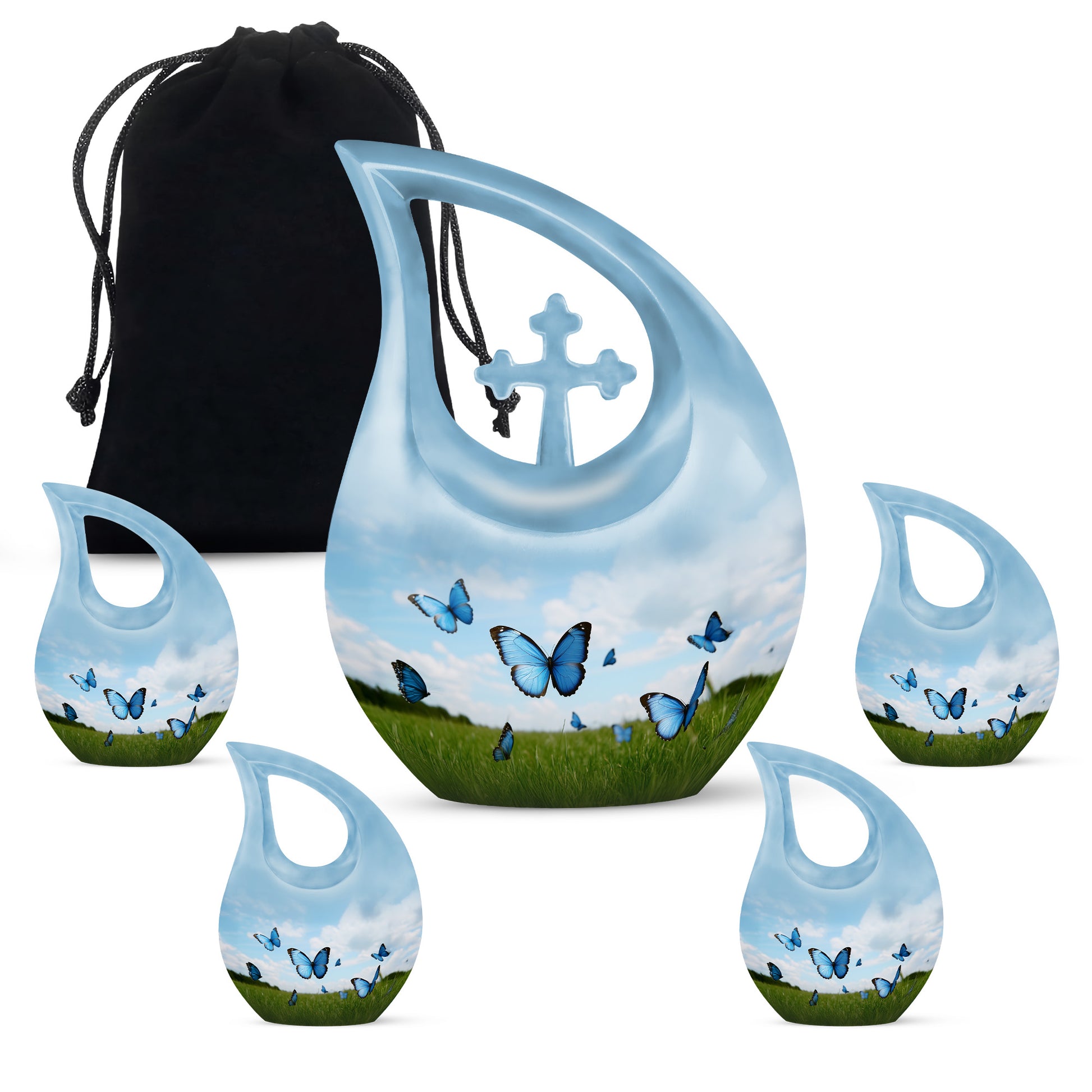 Indigo Butterfly Cremation Urn urn with complimentary velvet bag - sacred cross merged with butterfly motif on metal - memorial set with one large and four small urns