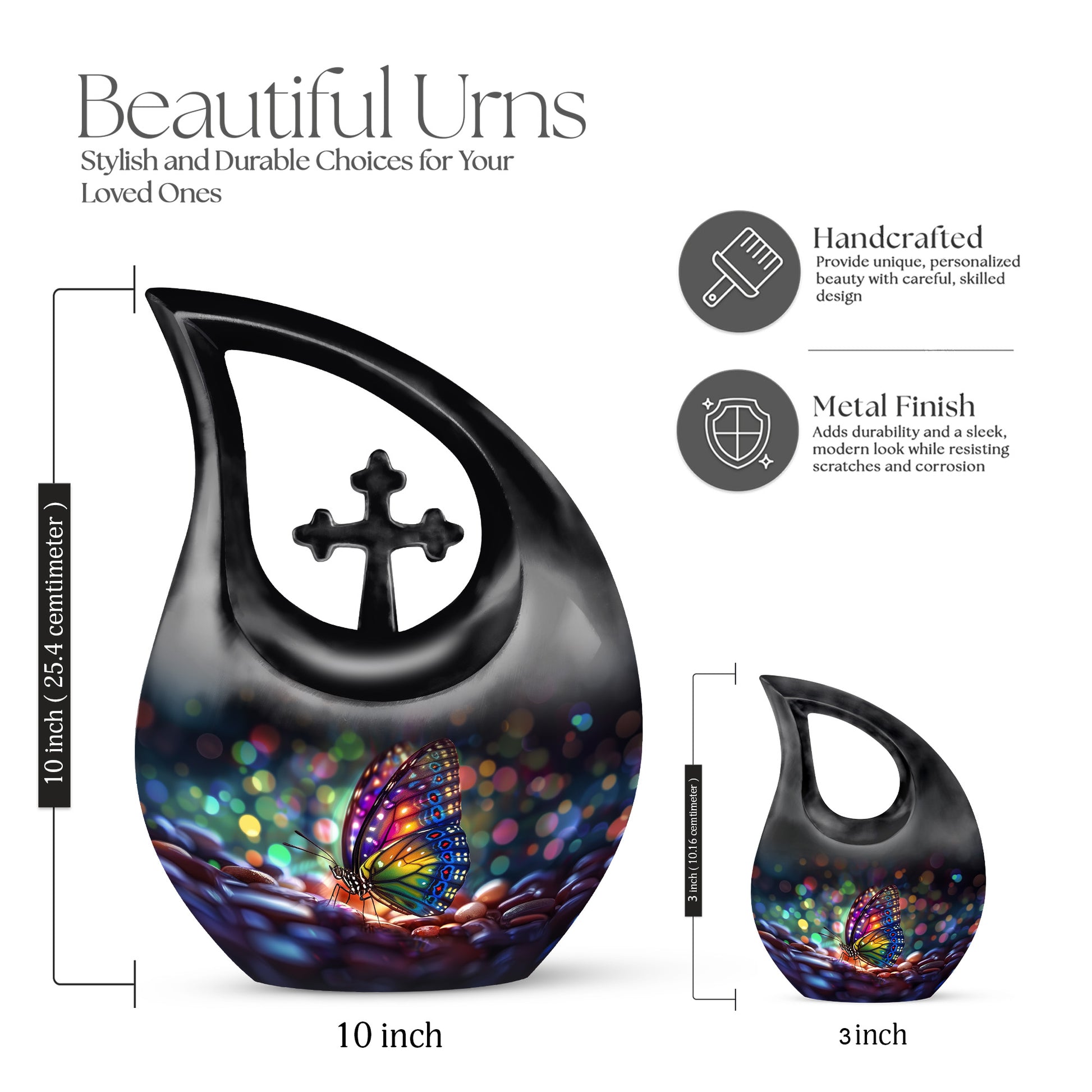 Sapphire Blue Butterfly Cremation Urn back view with polished surface - devotional cross-drop butterfly engraving - mini keepsake memorial for portion of cremation ashes
