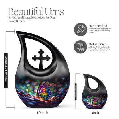 Sapphire Blue Butterfly Cremation Urn back view with polished surface - devotional cross-drop butterfly engraving - mini keepsake memorial for portion of cremation ashes