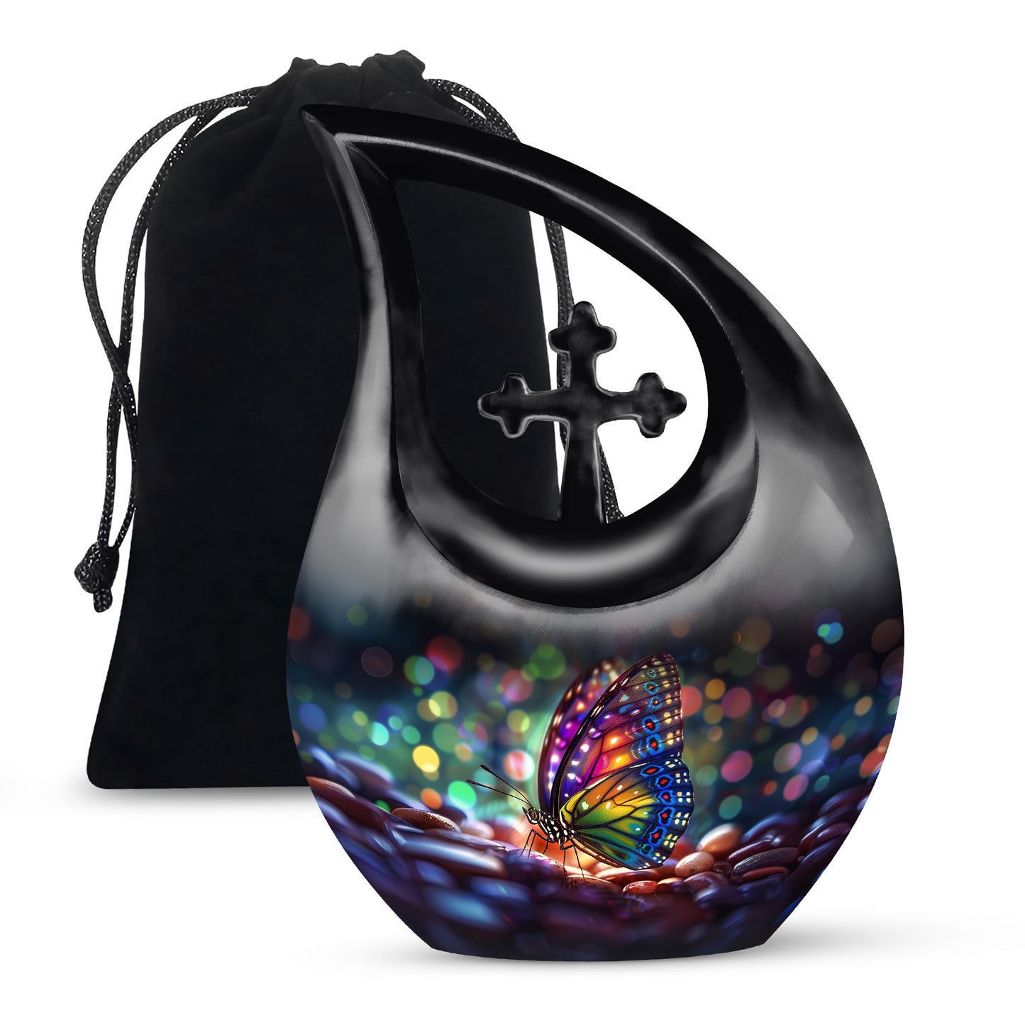 Serene Blue Butterfly Cremation Urn top-down view of secure threaded lid - faith-inspired cross-drop urn with butterfly pattern - full-size 10 inch 200 cubic inch adult cremation urn