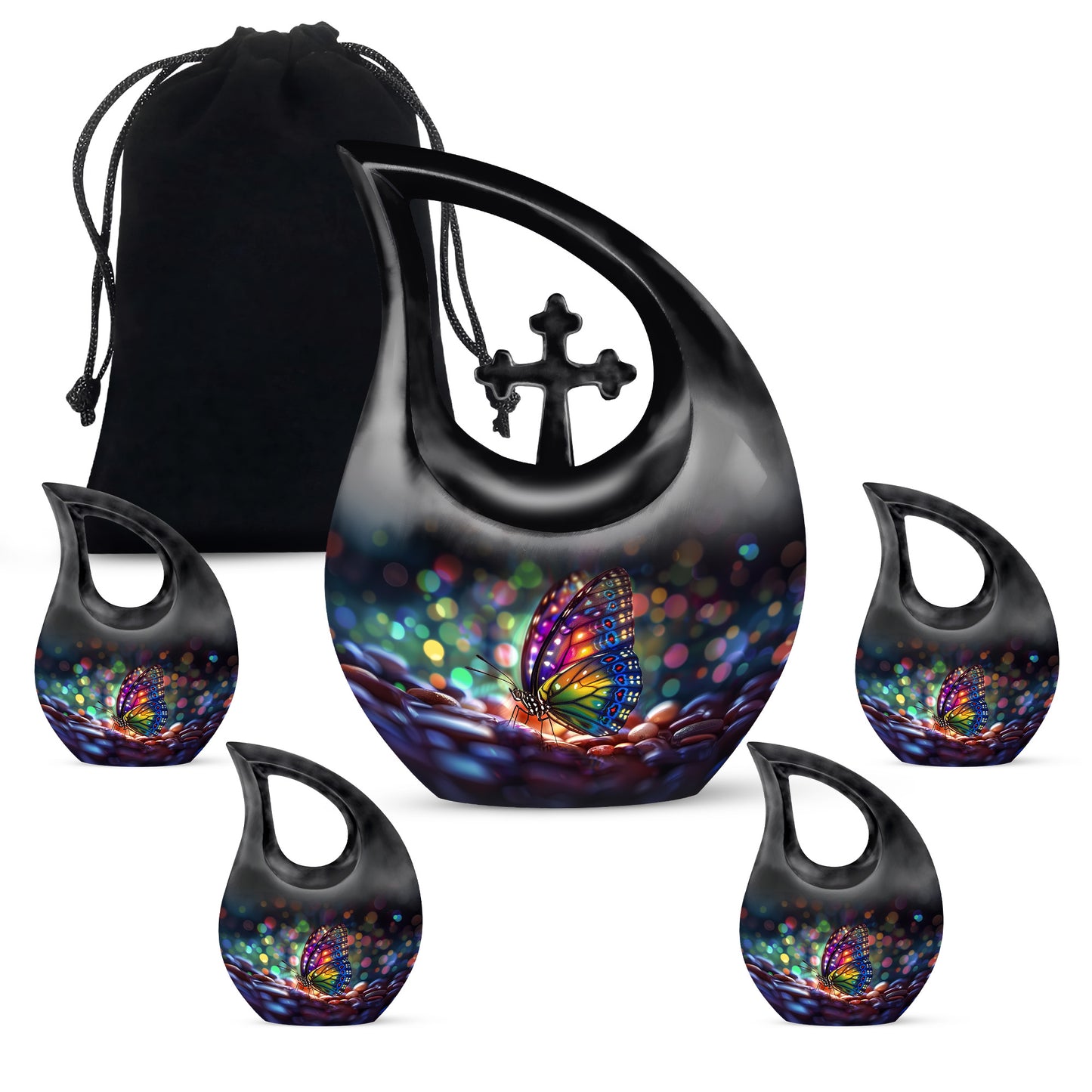 Icy Blue Butterfly Cremation Urn urn with complimentary velvet bag - cross and butterfly combined in spiritual memorial design - memorial set with one large and four small urns