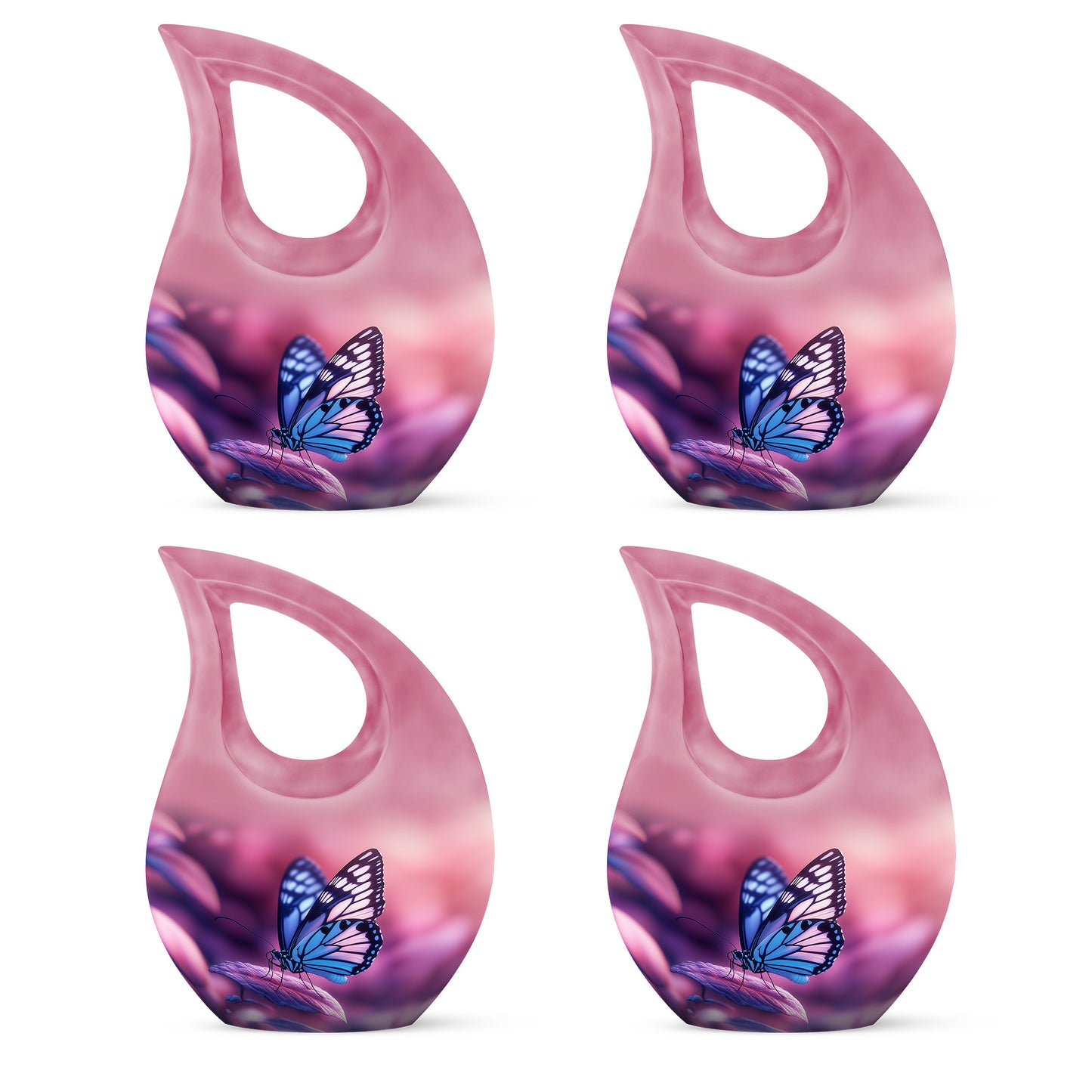 Pastel Pink Butterfly Cremation Urn lifestyle display on memorial shelf - sacred cross merged with butterfly motif on metal - 10 inch aluminum urn for cremated remains