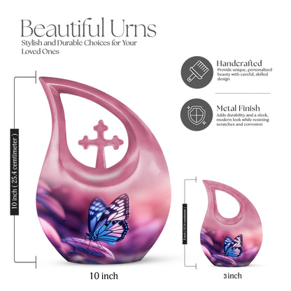 Vintage Pink Butterfly Cremation Urn back view with polished surface - faith-inspired cross-drop urn with butterfly pattern - mini keepsake memorial for portion of cremation ashes