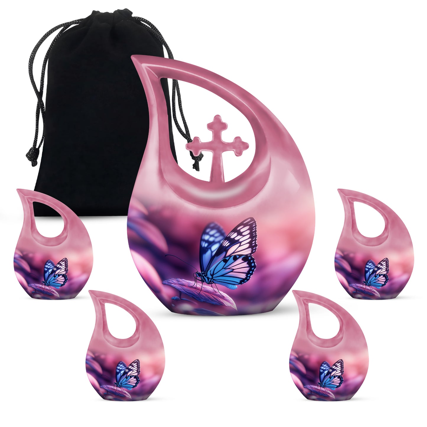Peony Pink Butterfly Cremation Urn urn with complimentary velvet bag - cross and butterfly combined in spiritual memorial design - memorial set with one large and four small urns