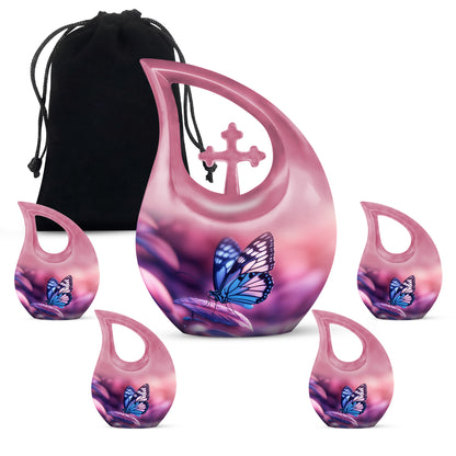 Peony Pink Butterfly Cremation Urn urn with complimentary velvet bag - cross and butterfly combined in spiritual memorial design - memorial set with one large and four small urns
