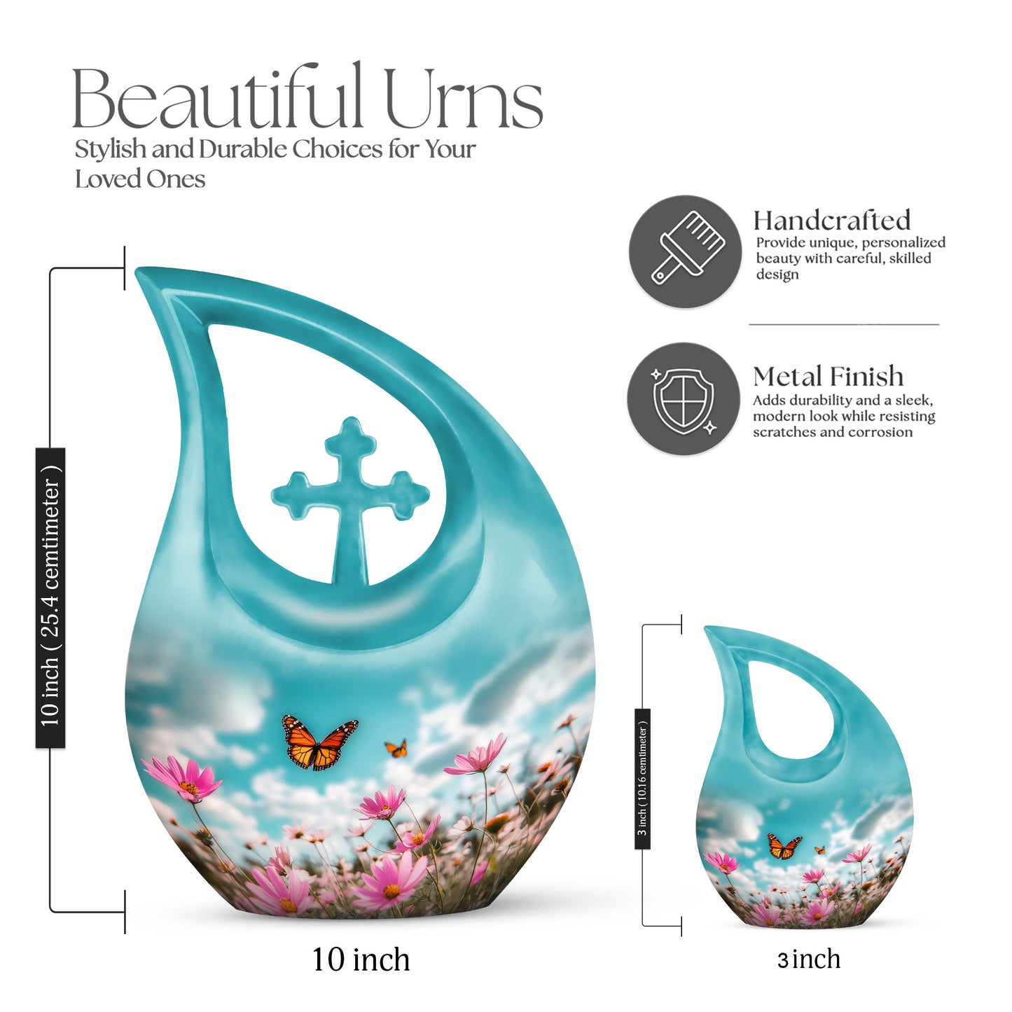 Aqua Teal Butterfly Cremation Urn back view with polished surface - faith-inspired cross-drop urn with butterfly pattern - mini keepsake memorial for portion of cremation ashes