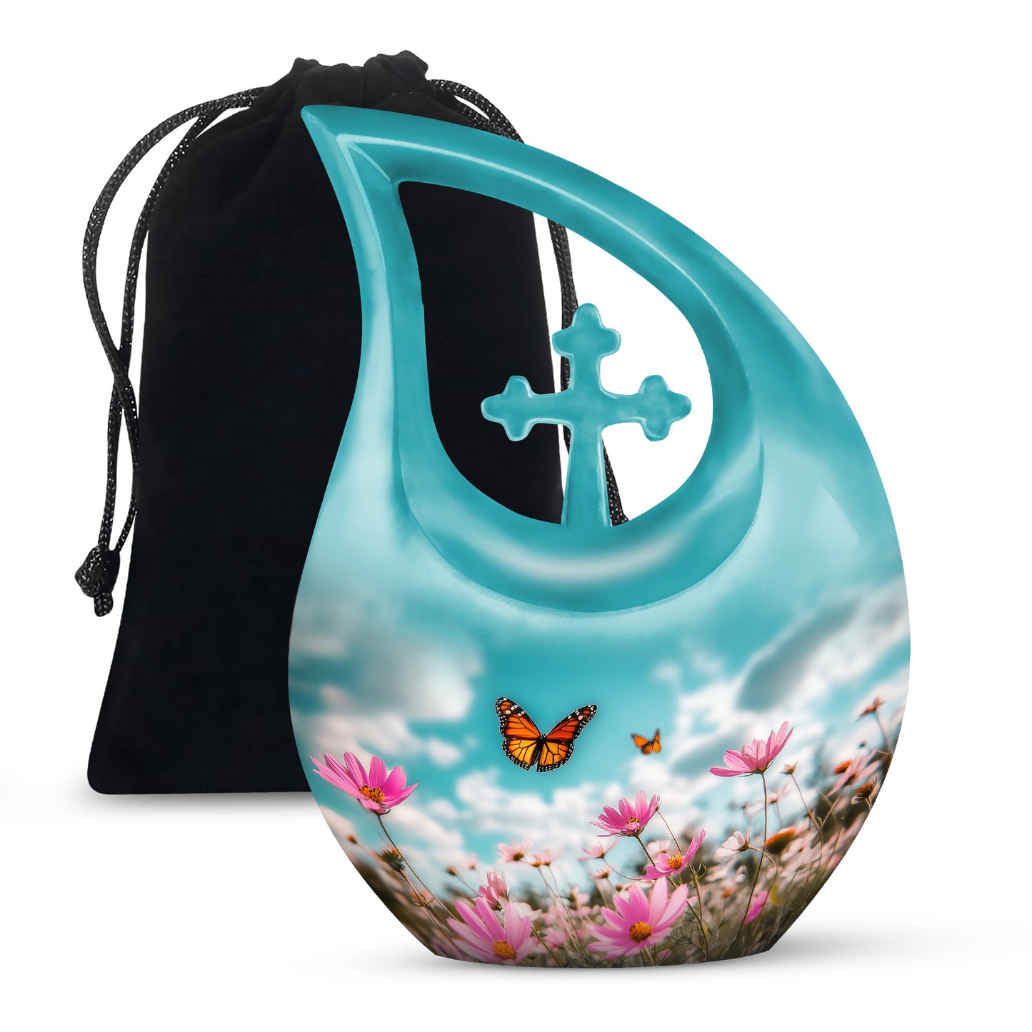 Sea Green Teal Butterfly Cremation Urn top-down view of secure threaded lid - sacred cross merged with butterfly motif on metal - full-size 10 inch 200 cubic inch adult cremation urn