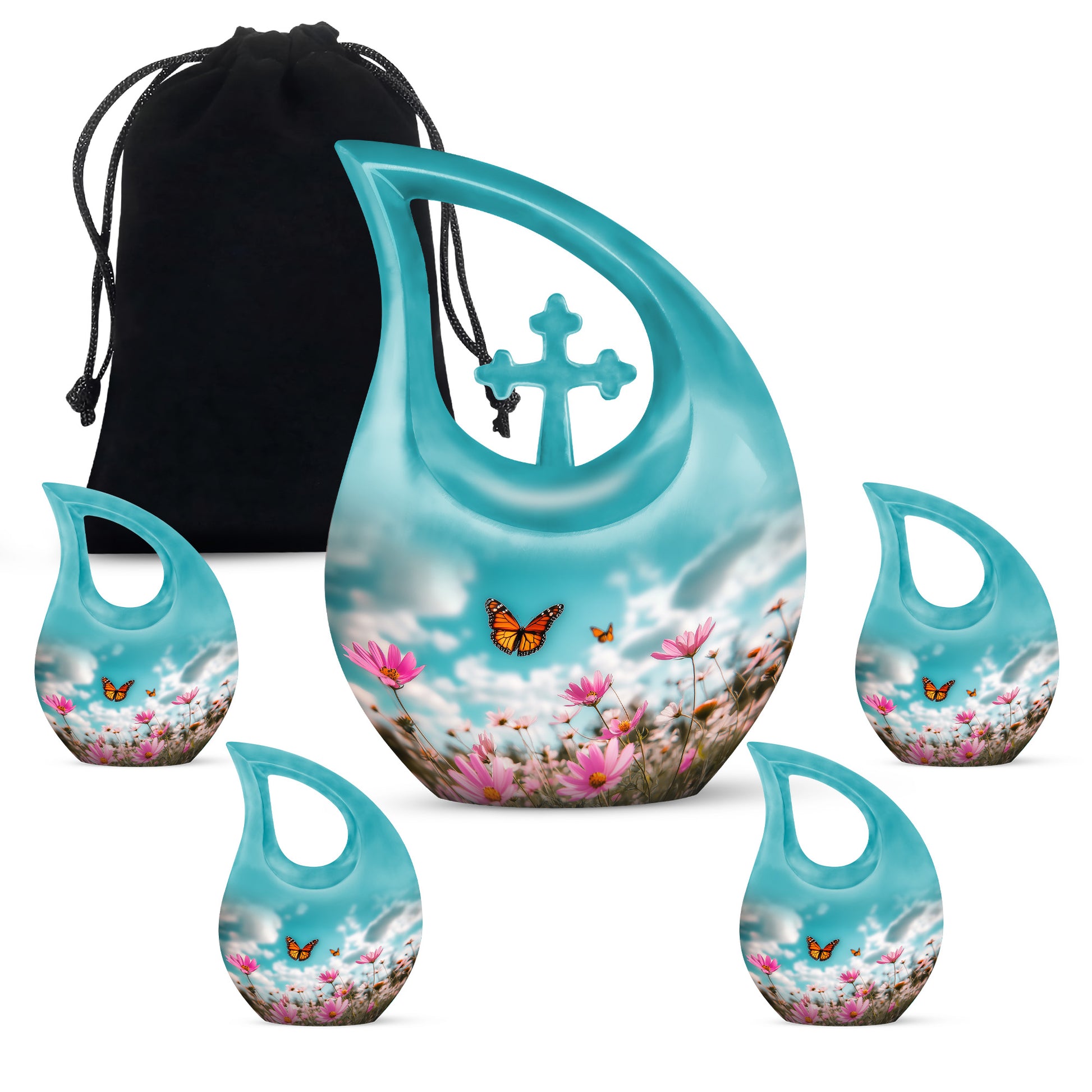 Mystic Teal Butterfly Cremation Urn urn with complimentary velvet bag - devotional cross-drop butterfly engraving - memorial set with one large and four small urns