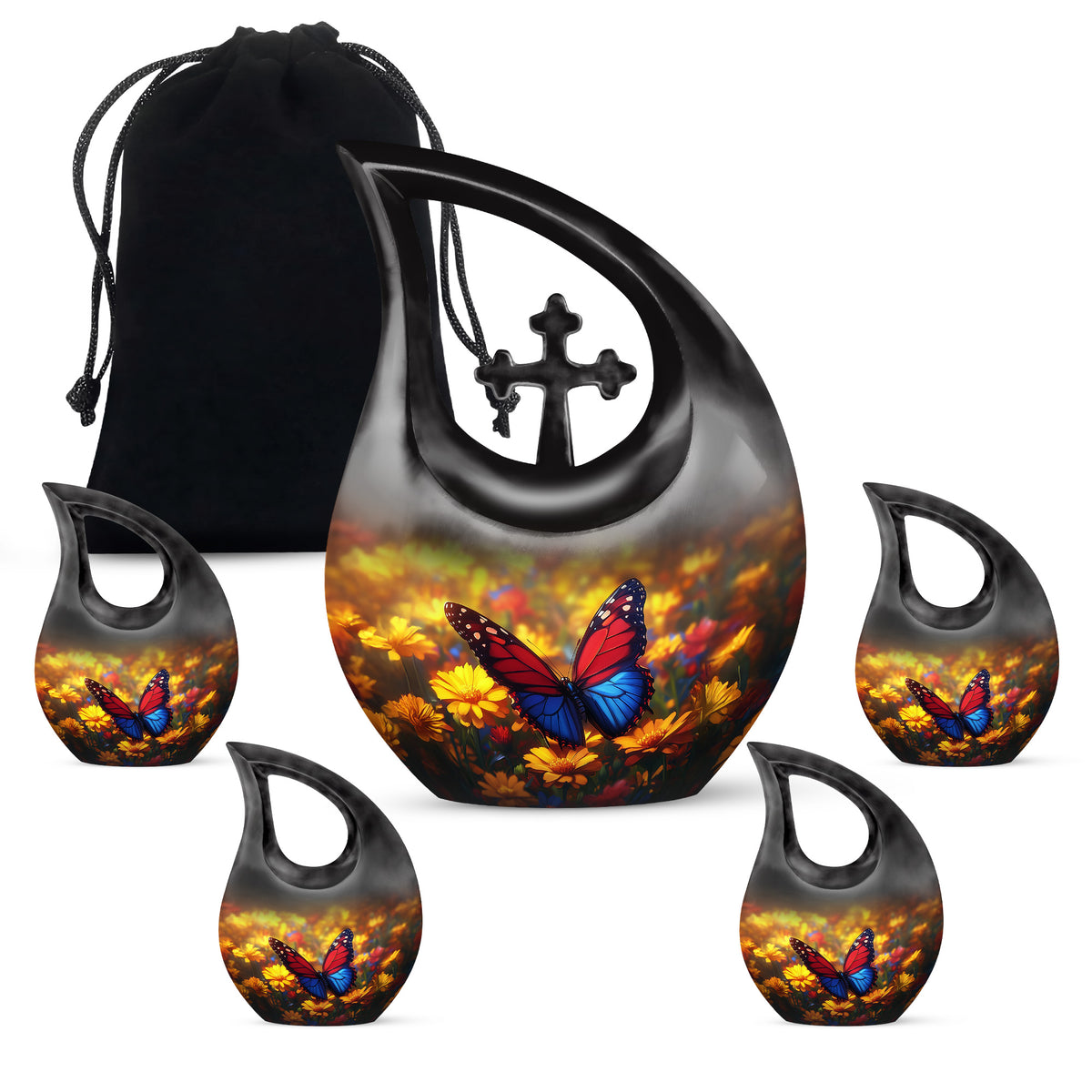 Antique Gold Butterfly Cremation Urn urn with complimentary velvet bag - cross and butterfly combined in spiritual memorial design - memorial set with one large and four small urns