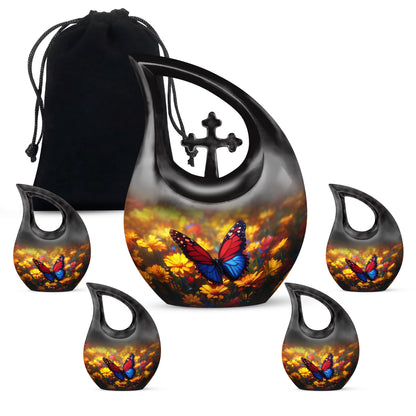 Antique Gold Butterfly Cremation Urn urn with complimentary velvet bag - cross and butterfly combined in spiritual memorial design - memorial set with one large and four small urns