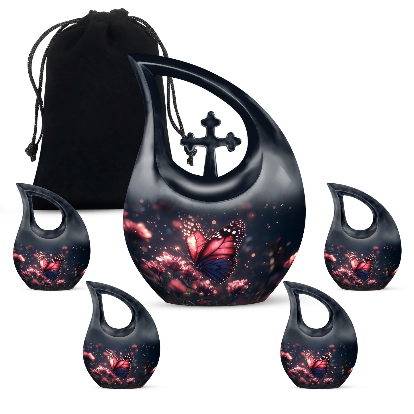 Dusty Blue Butterfly Cremation Urn urn with complimentary velvet bag - sacred cross merged with butterfly motif on metal - memorial set with one large and four small urns