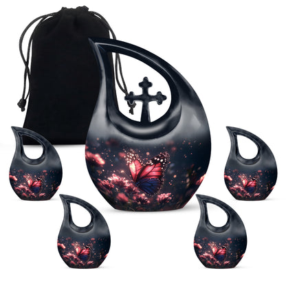 Dusty Blue Butterfly Cremation Urn urn with complimentary velvet bag - sacred cross merged with butterfly motif on metal - memorial set with one large and four small urns