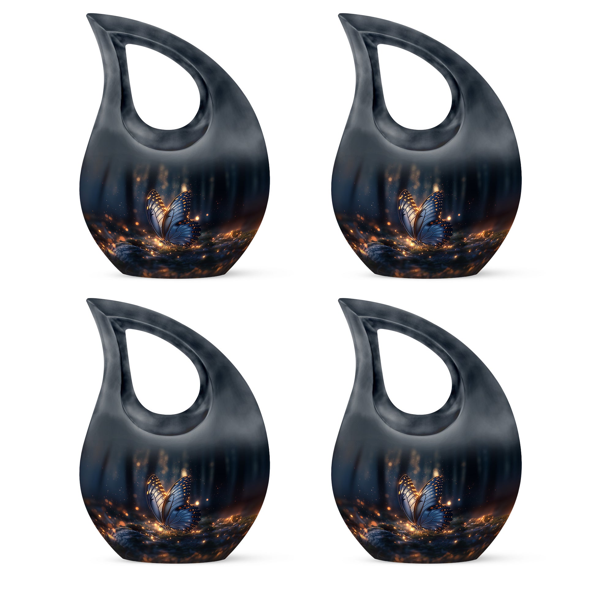 Rich Black Butterfly Cremation Urn lifestyle display on memorial shelf - sacred cross merged with butterfly motif on metal - 10 inch aluminum urn for cremated remains