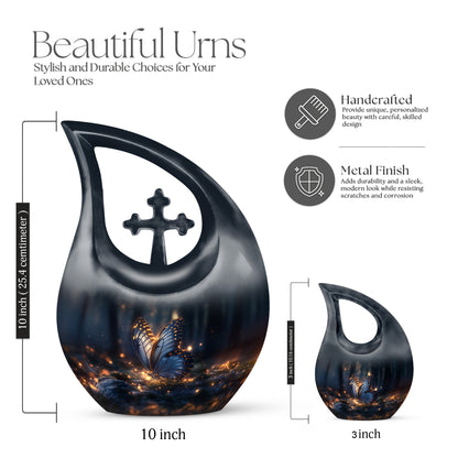 Onyx Black Butterfly Cremation Urn back view with polished surface - devotional cross-drop butterfly engraving - mini keepsake memorial for portion of cremation ashes