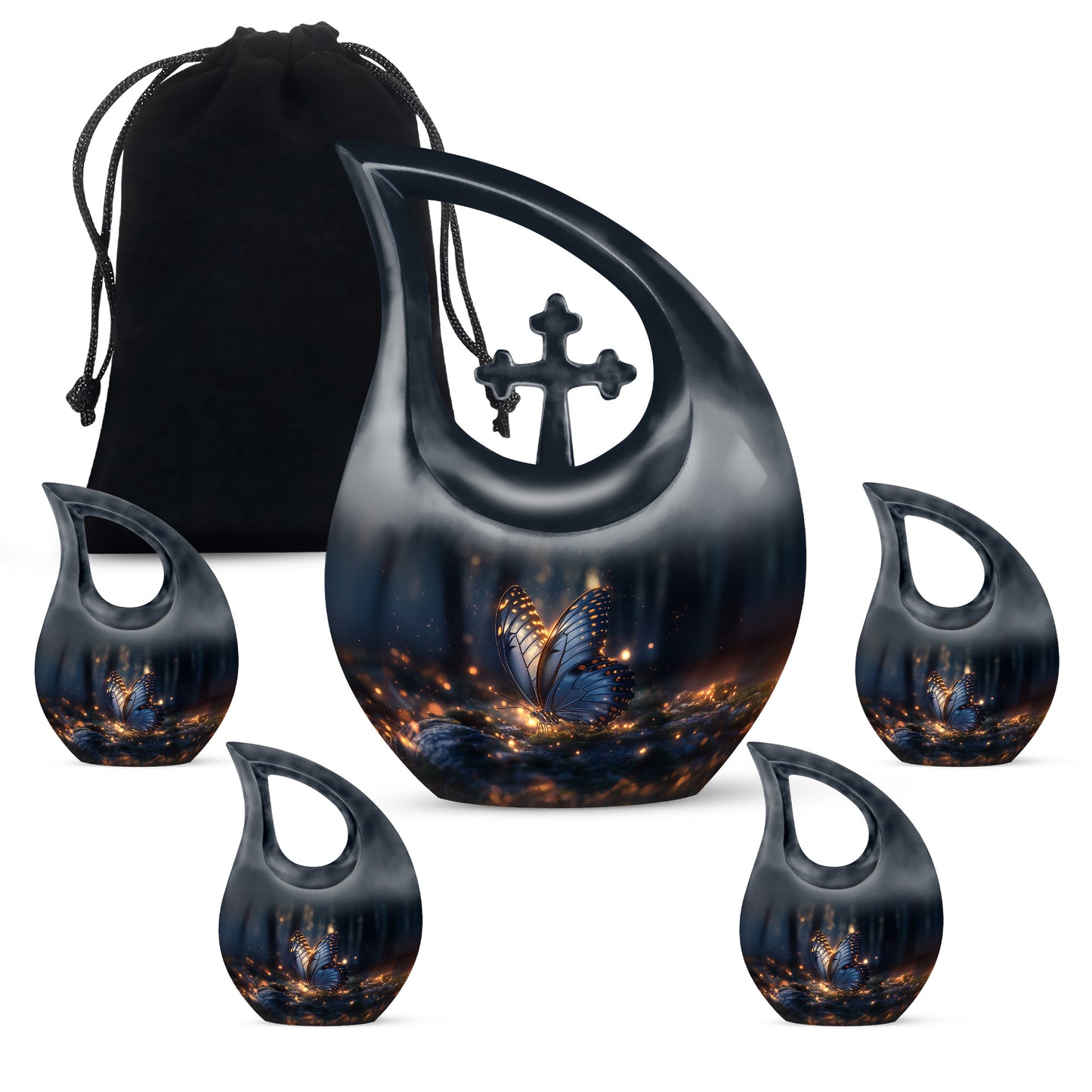 Glossy Black Butterfly Cremation Urn urn with complimentary velvet bag - sacred cross merged with butterfly motif on metal - memorial set with one large and four small urns