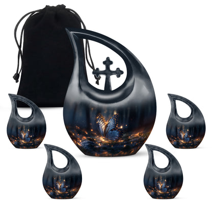 Glossy Black Butterfly Cremation Urn urn with complimentary velvet bag - sacred cross merged with butterfly motif on metal - memorial set with one large and four small urns