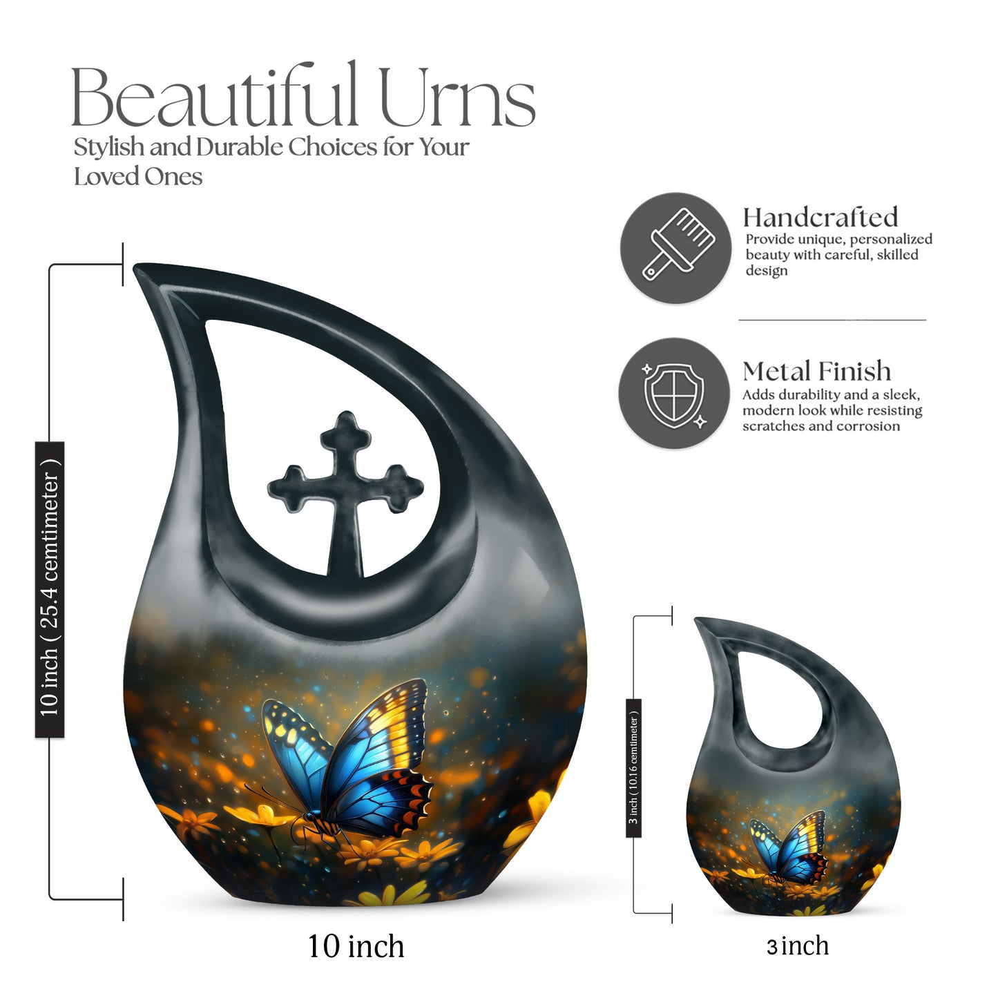 Ash Gray Butterfly Cremation Urn back view with polished surface - faith-inspired cross-drop urn with butterfly pattern - mini keepsake memorial for portion of cremation ashes