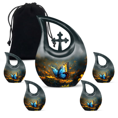 Storm Gray Butterfly Cremation Urn urn with complimentary velvet bag - devotional cross-drop butterfly engraving - memorial set with one large and four small urns