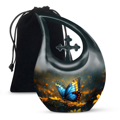 Smoke Gray Butterfly Cremation Urn top-down view of secure threaded lid - faith-inspired cross-drop urn with butterfly pattern - full-size 10 inch 200 cubic inch adult cremation urn
