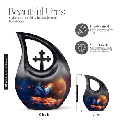 Powder Blue Butterfly Cremation Urn back view with polished surface - sacred cross merged with butterfly motif on metal - mini keepsake memorial for portion of cremation ashes