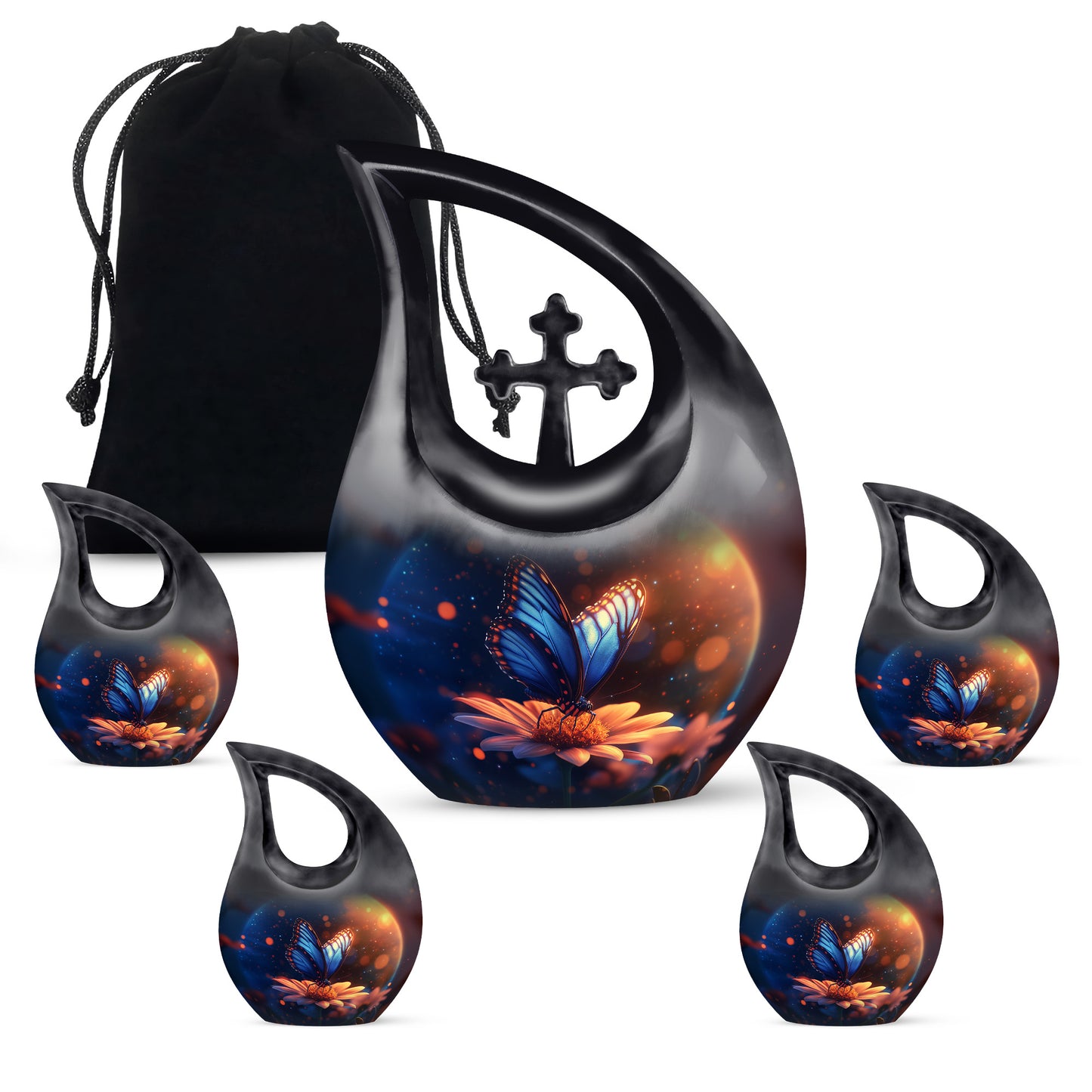 Serene Blue Butterfly Cremation Urn urn with complimentary velvet bag - faith-inspired cross-drop urn with butterfly pattern - memorial set with one large and four small urns