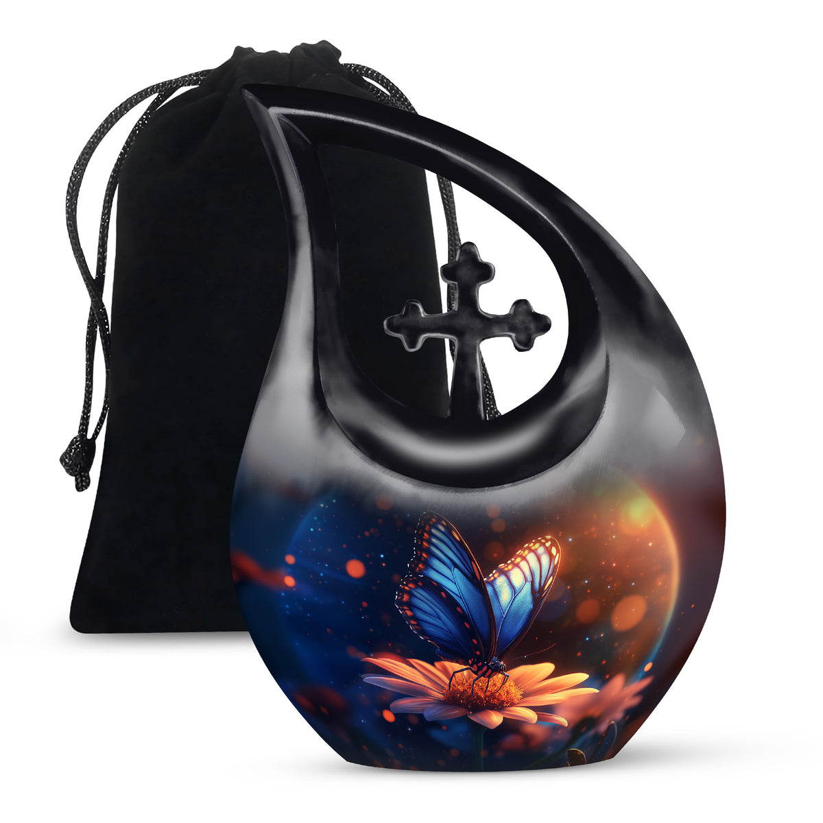 Sapphire Blue Butterfly Cremation Urn top-down view of secure threaded lid - devotional cross-drop butterfly engraving - full-size 10 inch 200 cubic inch adult cremation urn