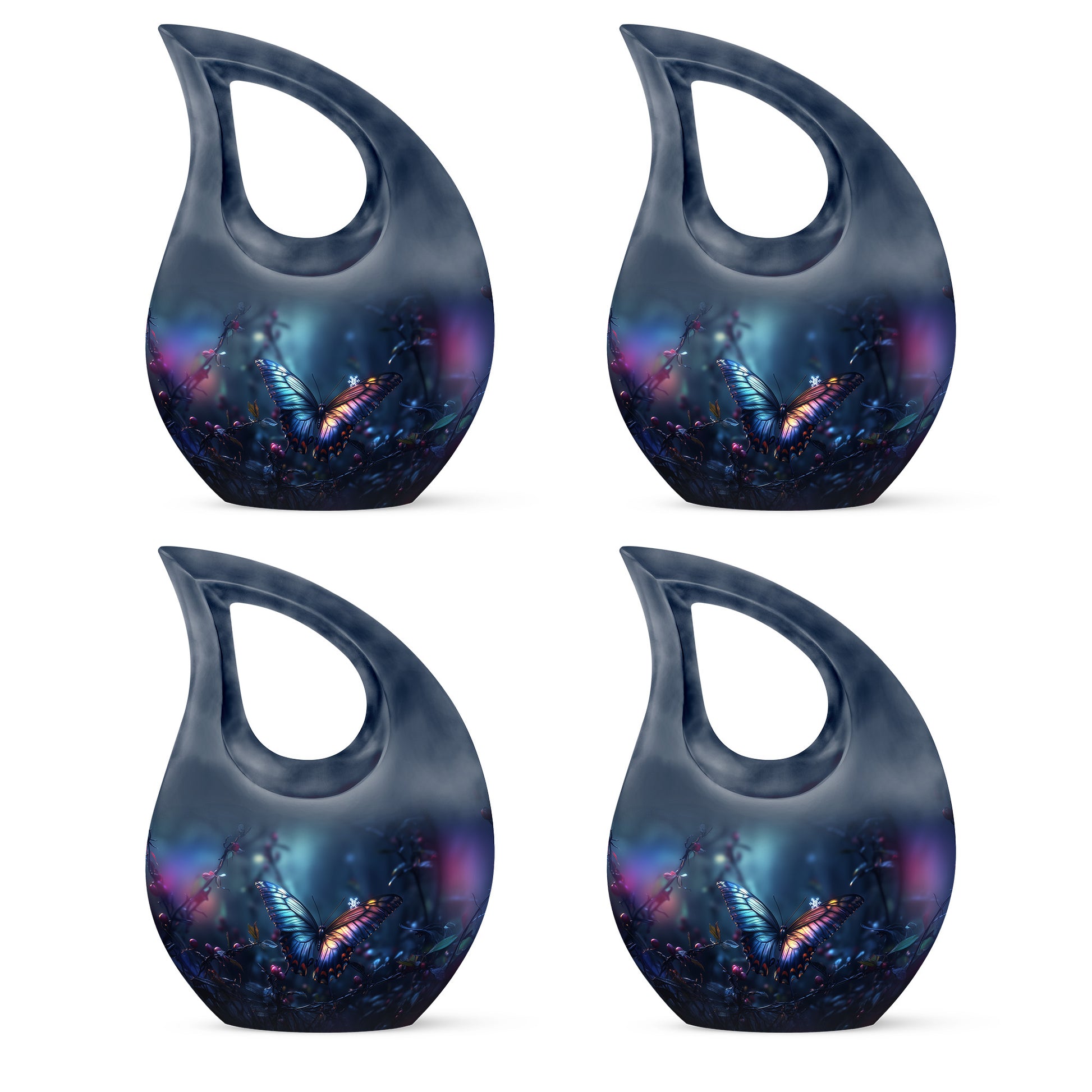 Dusty Blue Butterfly Cremation Urn lifestyle display on memorial shelf - cross and butterfly combined in spiritual memorial design - 10 inch aluminum urn for cremated remains