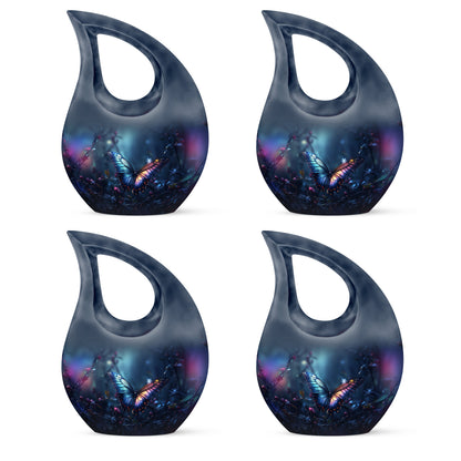 Dusty Blue Butterfly Cremation Urn lifestyle display on memorial shelf - cross and butterfly combined in spiritual memorial design - 10 inch aluminum urn for cremated remains