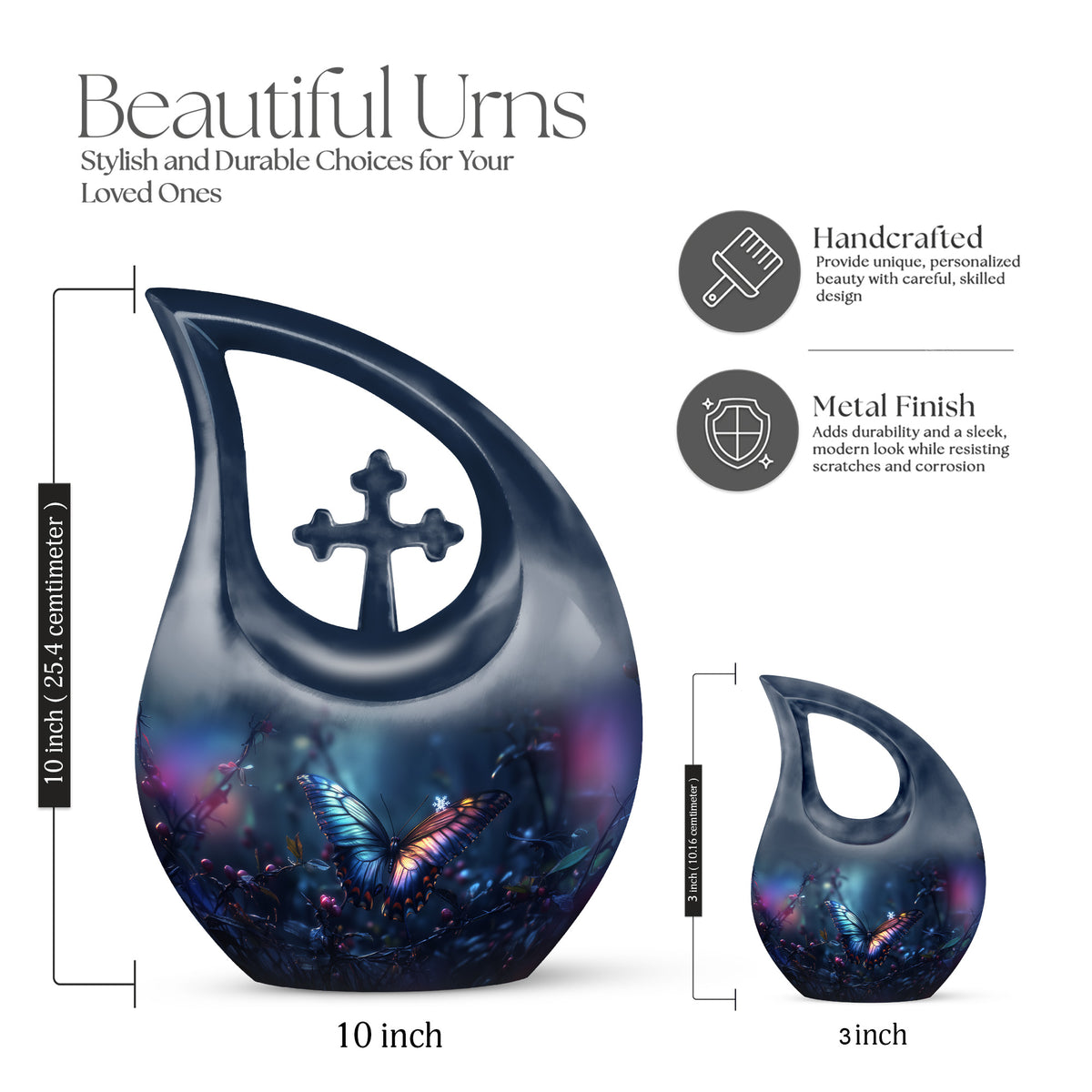 Icy Blue Butterfly Cremation Urn back view with polished surface - cross and butterfly combined in spiritual memorial design - mini keepsake memorial for portion of cremation ashes