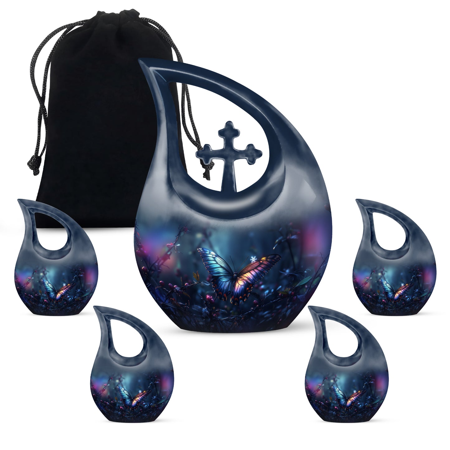 Twilight Blue Butterfly Cremation Urn urn with complimentary velvet bag - faith-inspired cross-drop urn with butterfly pattern - memorial set with one large and four small urns