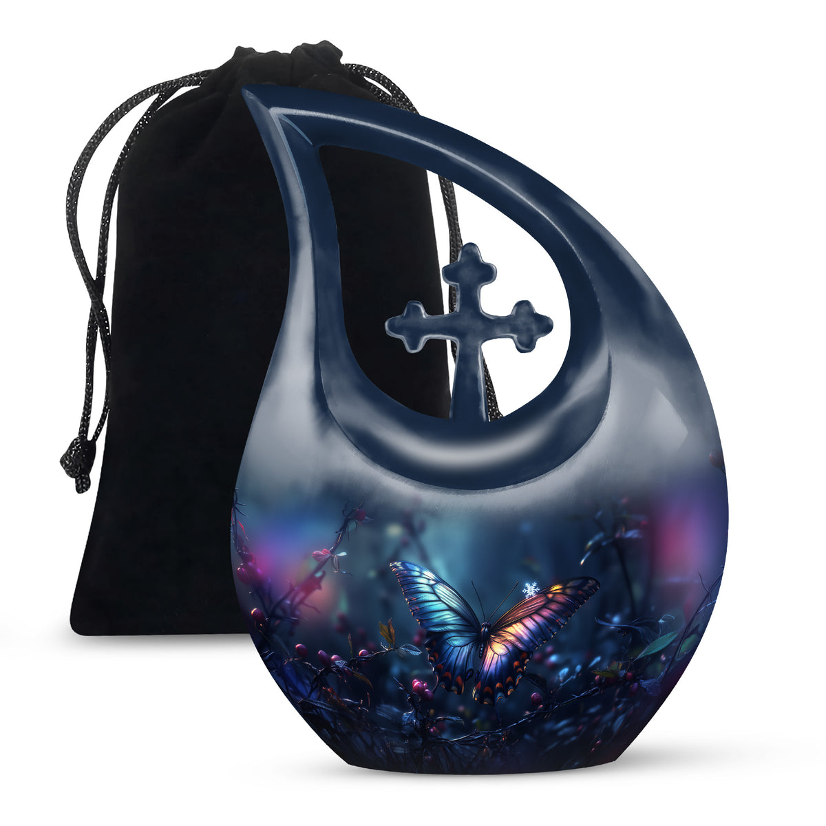 Powder Blue Butterfly Cremation Urn top-down view of secure threaded lid - cross and butterfly combined in spiritual memorial design - full-size 10 inch 200 cubic inch adult cremation urn