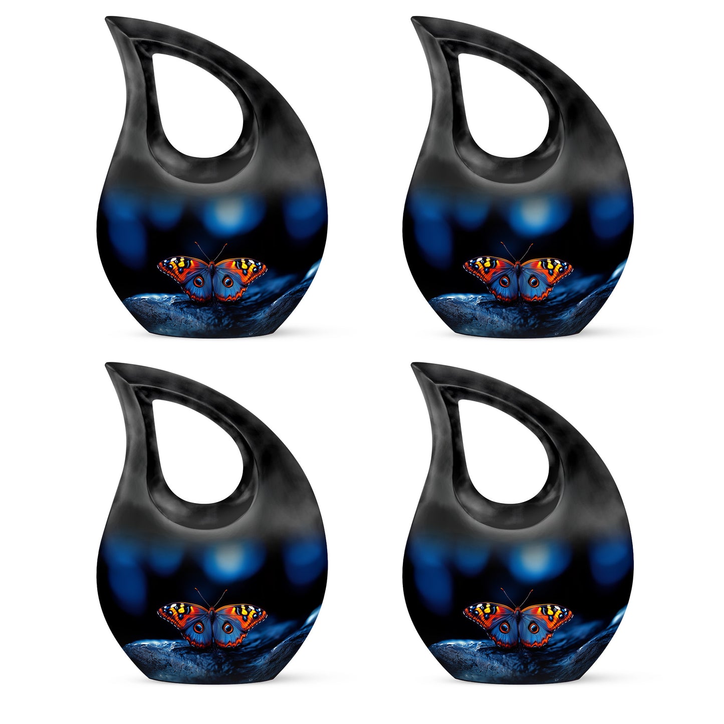 Dark Black Butterfly Cremation Urn lifestyle display on memorial shelf - faith-inspired cross-drop urn with butterfly pattern - 10 inch aluminum urn for cremated remains