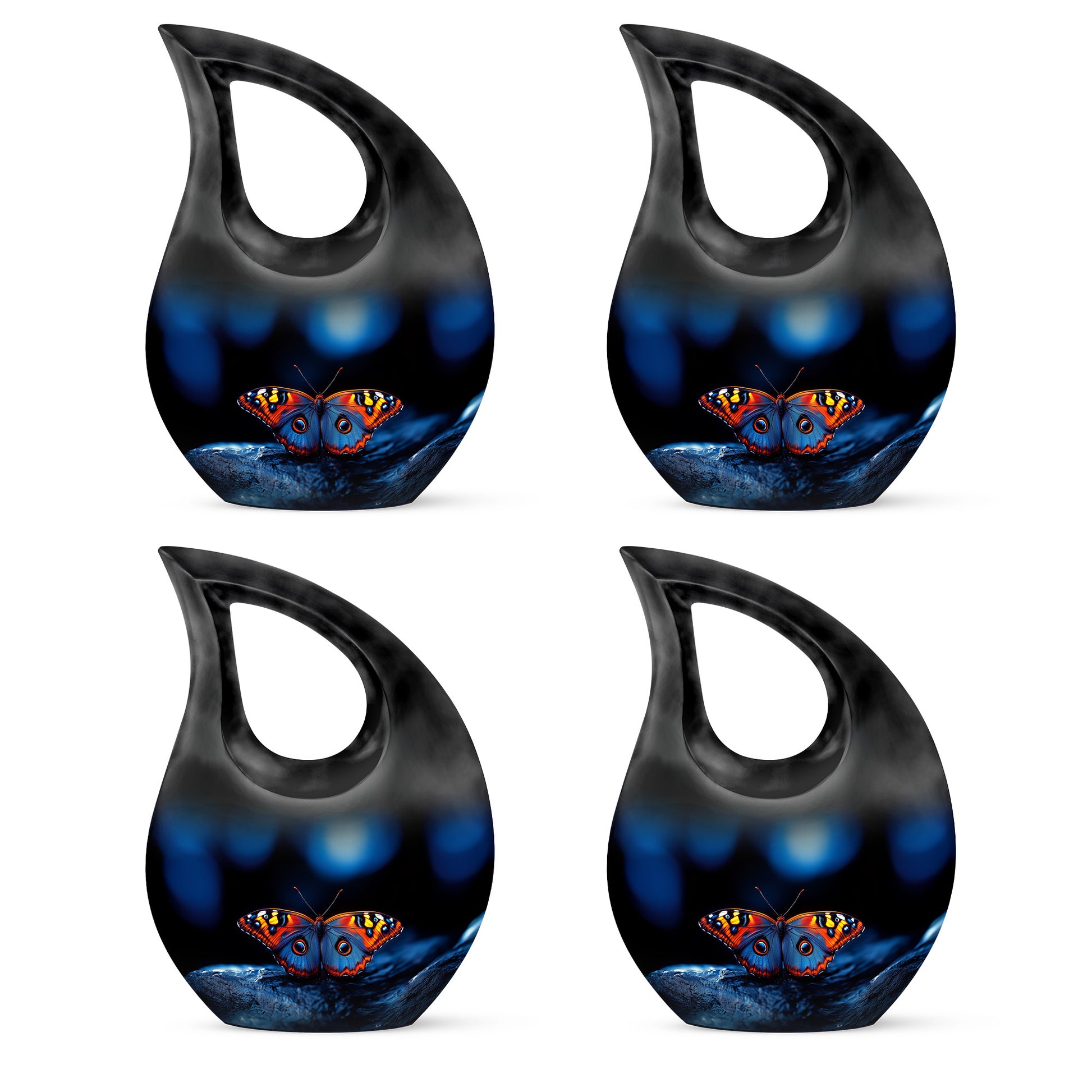 Dark Black Butterfly Cremation Urn lifestyle display on memorial shelf - faith-inspired cross-drop urn with butterfly pattern - 10 inch aluminum urn for cremated remains