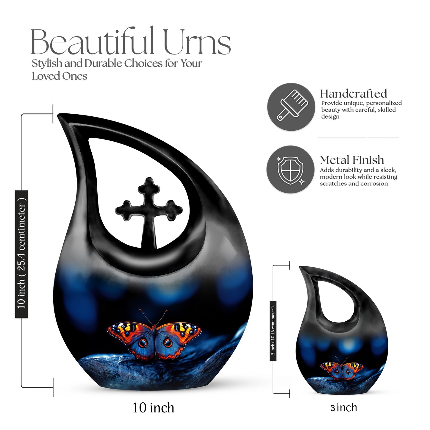 Midnight Black Butterfly Cremation Urn back view with polished surface - devotional cross-drop butterfly engraving - mini keepsake memorial for portion of cremation ashes