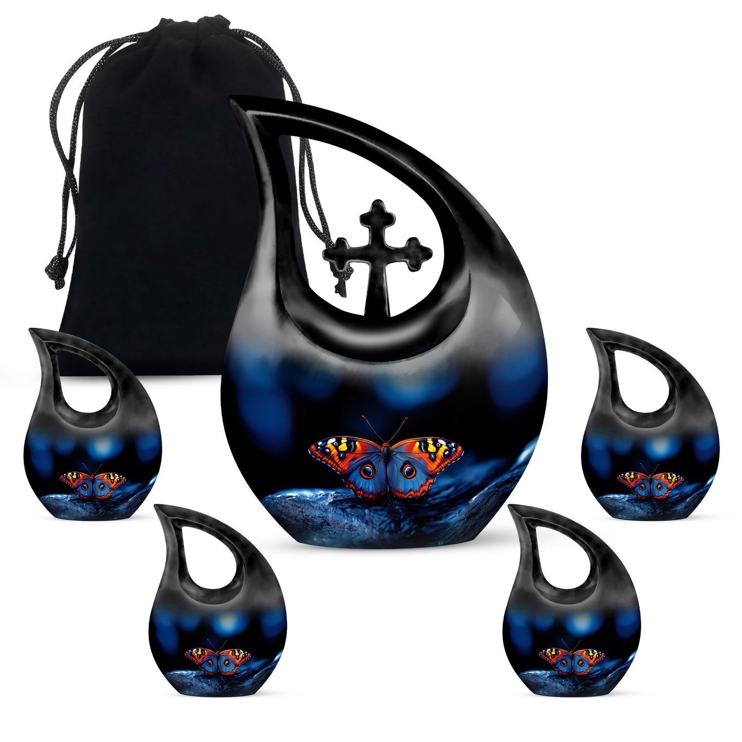 Jet Black Butterfly Cremation Urn urn with complimentary velvet bag - sacred cross merged with butterfly motif on metal - memorial set with one large and four small urns