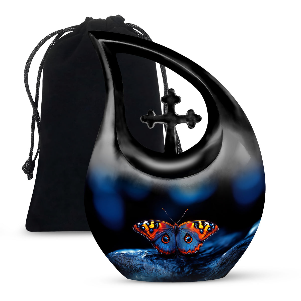 Midnight Black Butterfly Cremation Urn top-down view of secure threaded lid - faith-inspired cross-drop urn with butterfly pattern - full-size 10 inch 200 cubic inch adult cremation urn