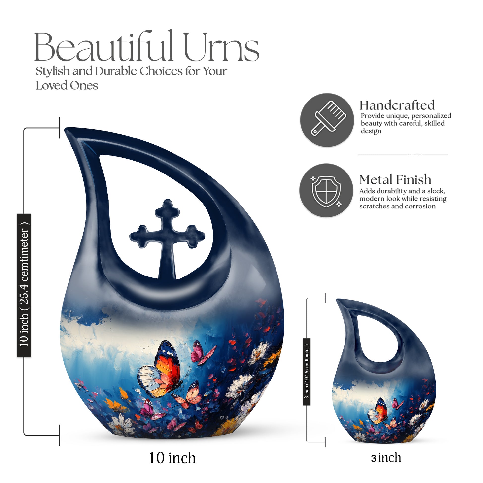 Icy Blue Butterfly Cremation Urn back view with polished surface - cross and butterfly combined in spiritual memorial design - mini keepsake memorial for portion of cremation ashes