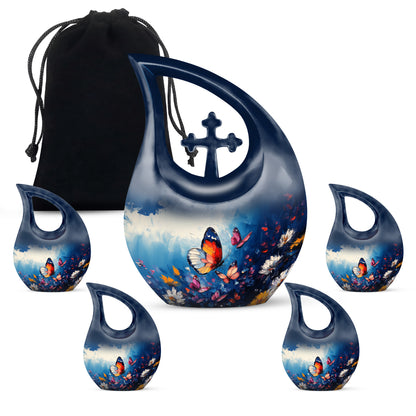Slate Blue Butterfly Cremation Urn urn with complimentary velvet bag - cross and butterfly combined in spiritual memorial design - memorial set with one large and four small urns