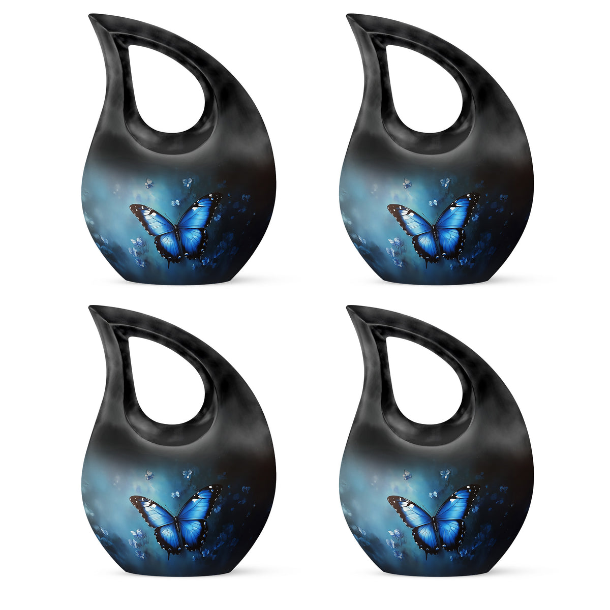 Serene Blue Butterfly Cremation Urn lifestyle display on memorial shelf - faith-inspired cross-drop urn with butterfly pattern - 10 inch aluminum urn for cremated remains