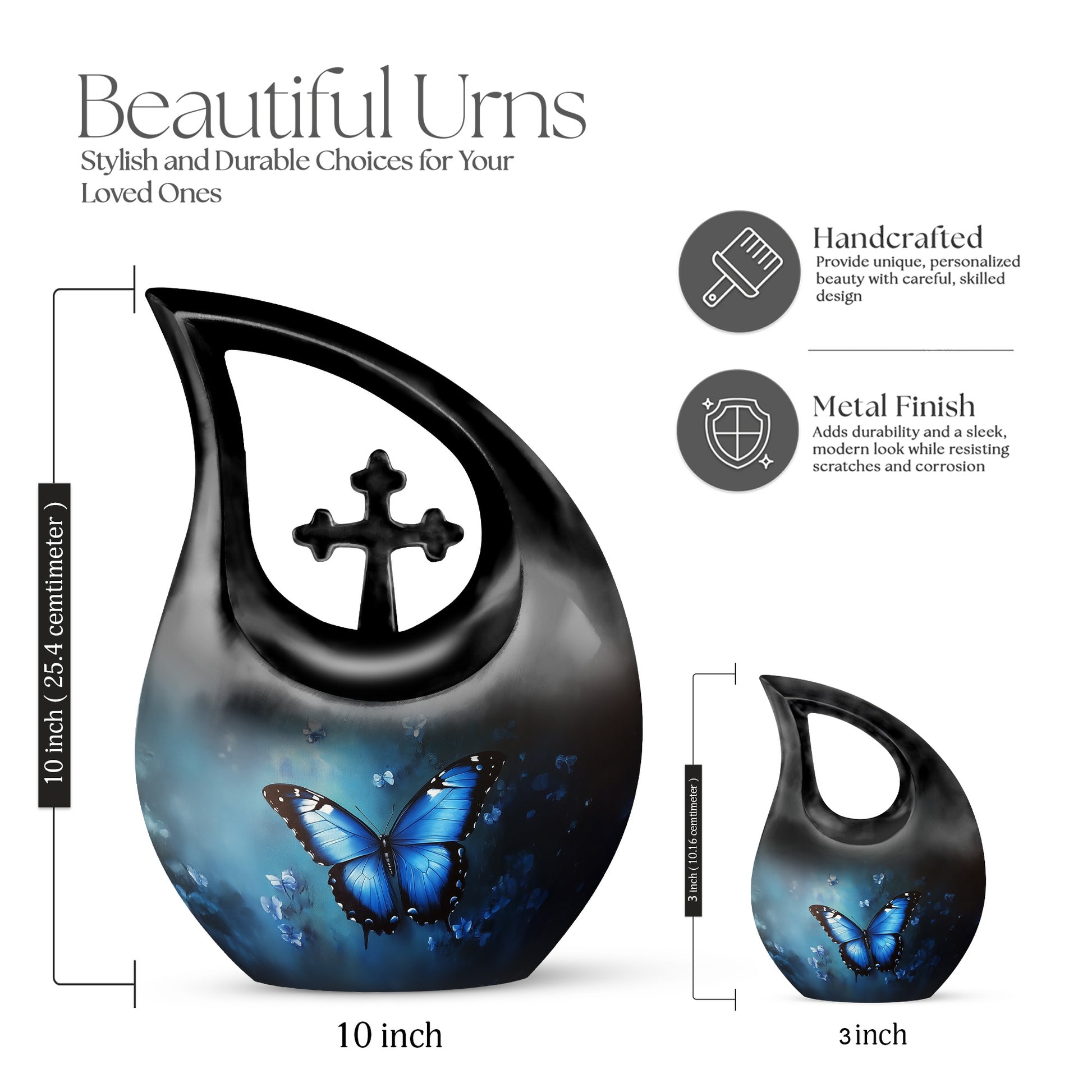 Twilight Blue Butterfly Cremation Urn back view with polished surface - faith-inspired cross-drop urn with butterfly pattern - mini keepsake memorial for portion of cremation ashes