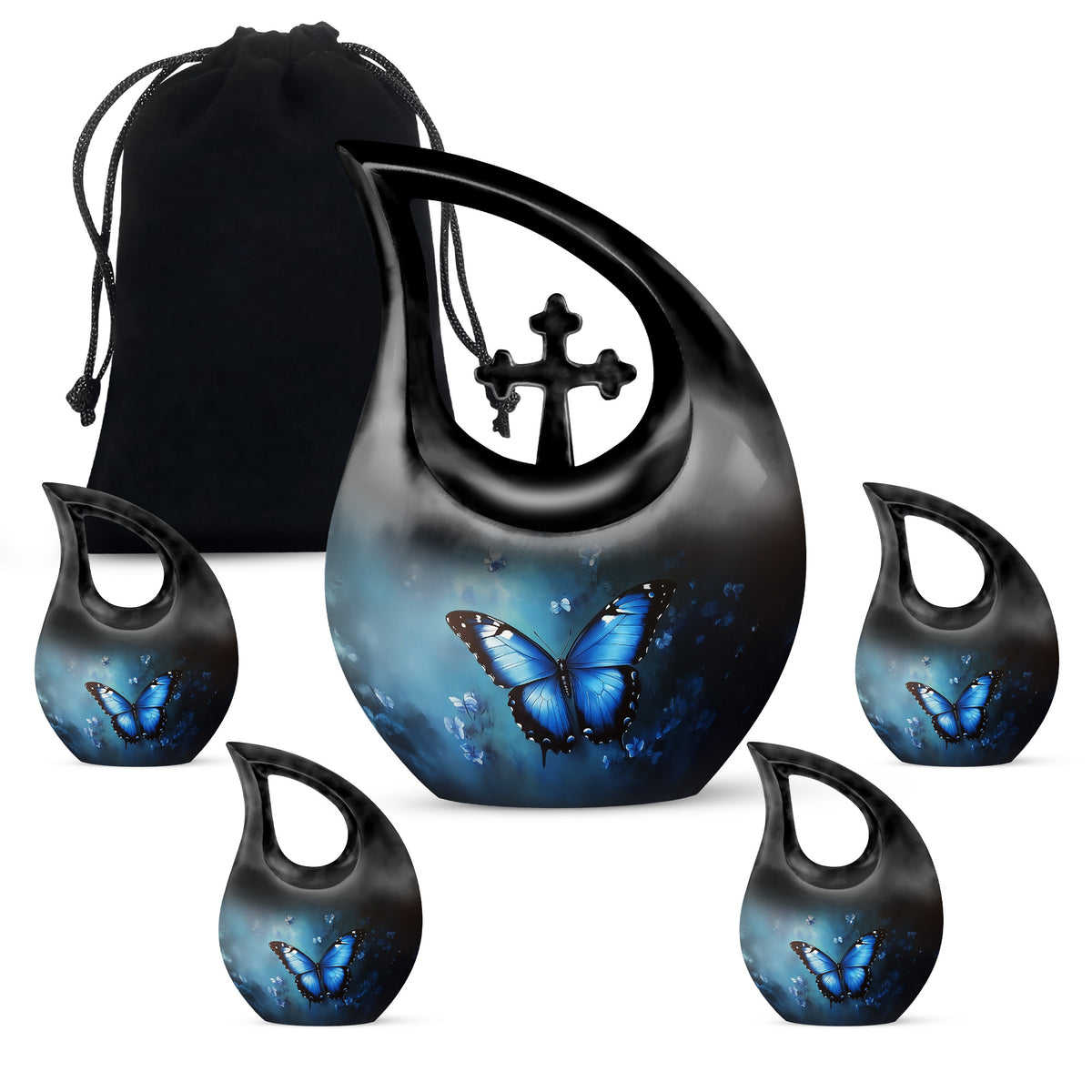 Twilight Blue Butterfly Cremation Urn urn with complimentary velvet bag - devotional cross-drop butterfly engraving - memorial set with one large and four small urns